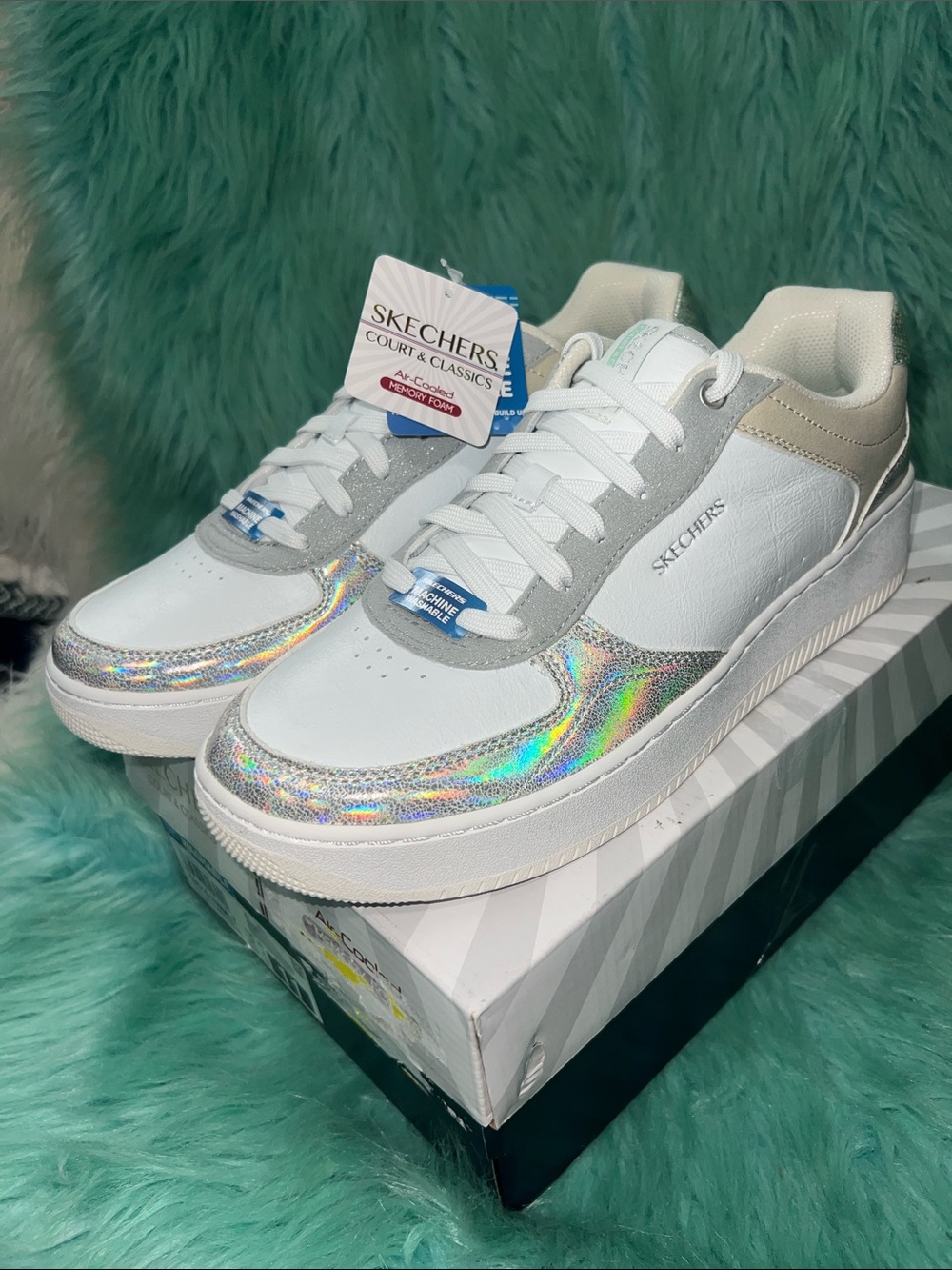 NIB Skechers White Sneakers with Iridescent Holographic Accent W/11